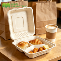 Boîte alimentaire à emporter en bagasse 8x8 pouces, résistante aux fuites et à la graisse, avec 3 compartiments, type clamshell, pour boulangerie