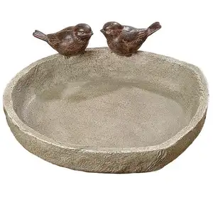 Bird Bath with 2 Sparrows, Beige Stone Finished Basin and Brown, All Weather Poly Resin, 8.25 inches