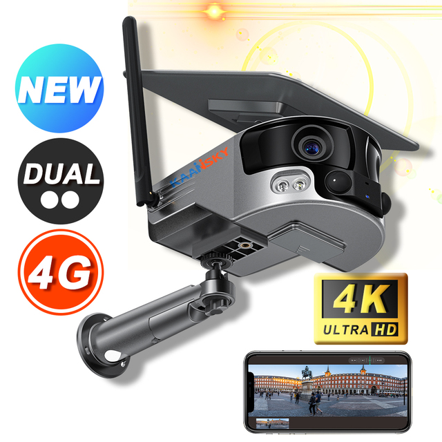 4K WiFi Camera With Ultra-Wide Angle Dual Lens 4G 4K HD Solar Camera 180 Degrees Panorama Dual Lens Security IP Camera