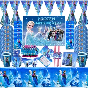 topi pesta ulang tahun frozen Suppliers-Frozen dan Snow Qiyuan Perlengkapan Pesta Ulang Tahun Perlengkapan Peralatan Makan Pesta Kertas Baki Kertas Cangkir Kertas Handuk Persediaan Sekali Pakai