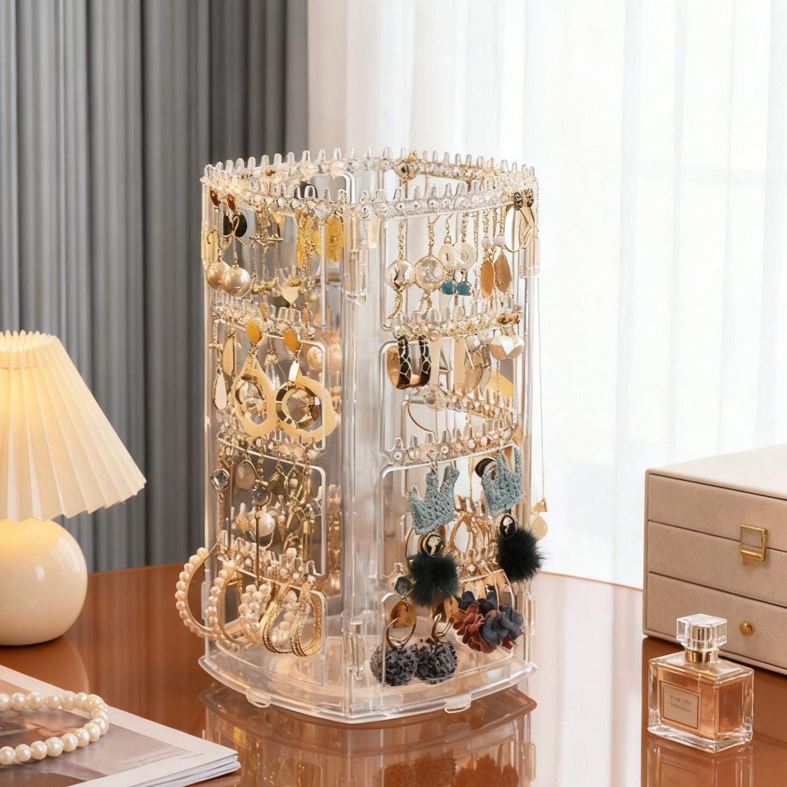 Transparent 4-tier rotating jewelry stand [cardboard box packaging]