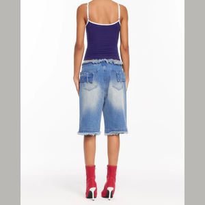 Shorts de Mezclilla de Cintura Baja y Corte Holgado, Lavado Desteñido Azul Claro, <span class=keywords><strong>con</strong></span> Cinturón, Unisex, <span class=keywords><strong>con</strong></span> Ojales, Cierre de Cremallera, Bordes Deshilachados, Diseño 2026 - Product Image 6