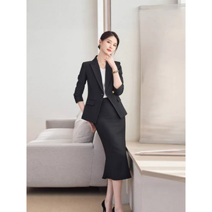 Women's Suit Set Black Jacket And Skirt Two Piece Office Lady Workwear Anti Wrinkle Worsted Fabric Commute Style - Product Image 2