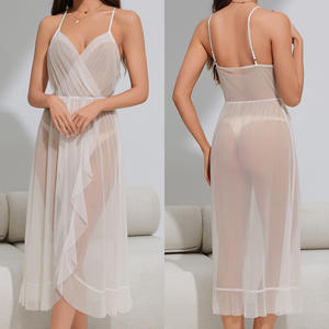 Chemise de nuit simple en satin transparent, taille plus, douce, respirante, pour femmes, dentelle, col en V, longueur genou, vêtements de nuit d'été - Product Image 3