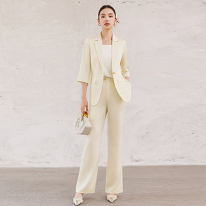 Apricot Colored Women's Suit Jacket Mid Sleeve Slim Fit Casual Blazer With Pocket Anti Wrinkle Treatment Polyester Fabric - Product Image 1