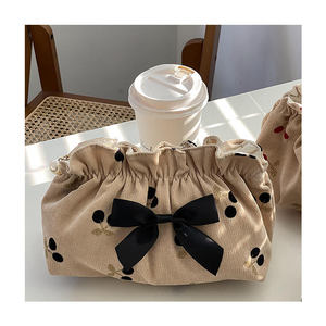 Corduroy Cherry Embroidery Travel <b>Makeup</b> <b>Bag</b> for Women, Portable Bow <b>Makeup</b> <b>Bag</b> - Product Image 5