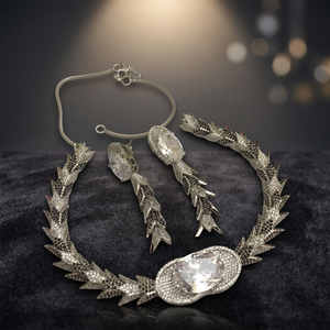 Luxury <b>Silver</b> Plated Brass Cubic Zirconia Necklace Set Oval CZ Stone Wheat Leaf Link <b>Choker</b> Drop Earrings Bridal Jewelry - Product Image 3