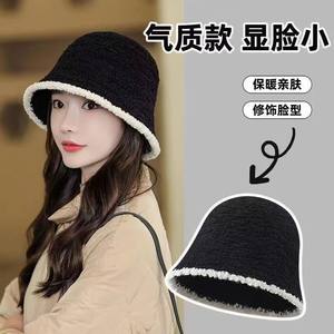 Black Knitted Plush <b>Bucket</b> <b>Hat</b> for Women <b>Large</b> Head Circumference Autumn Winter Korean Style Warm Basin <b>Hat</b> Makes Face Look - Product Image 4