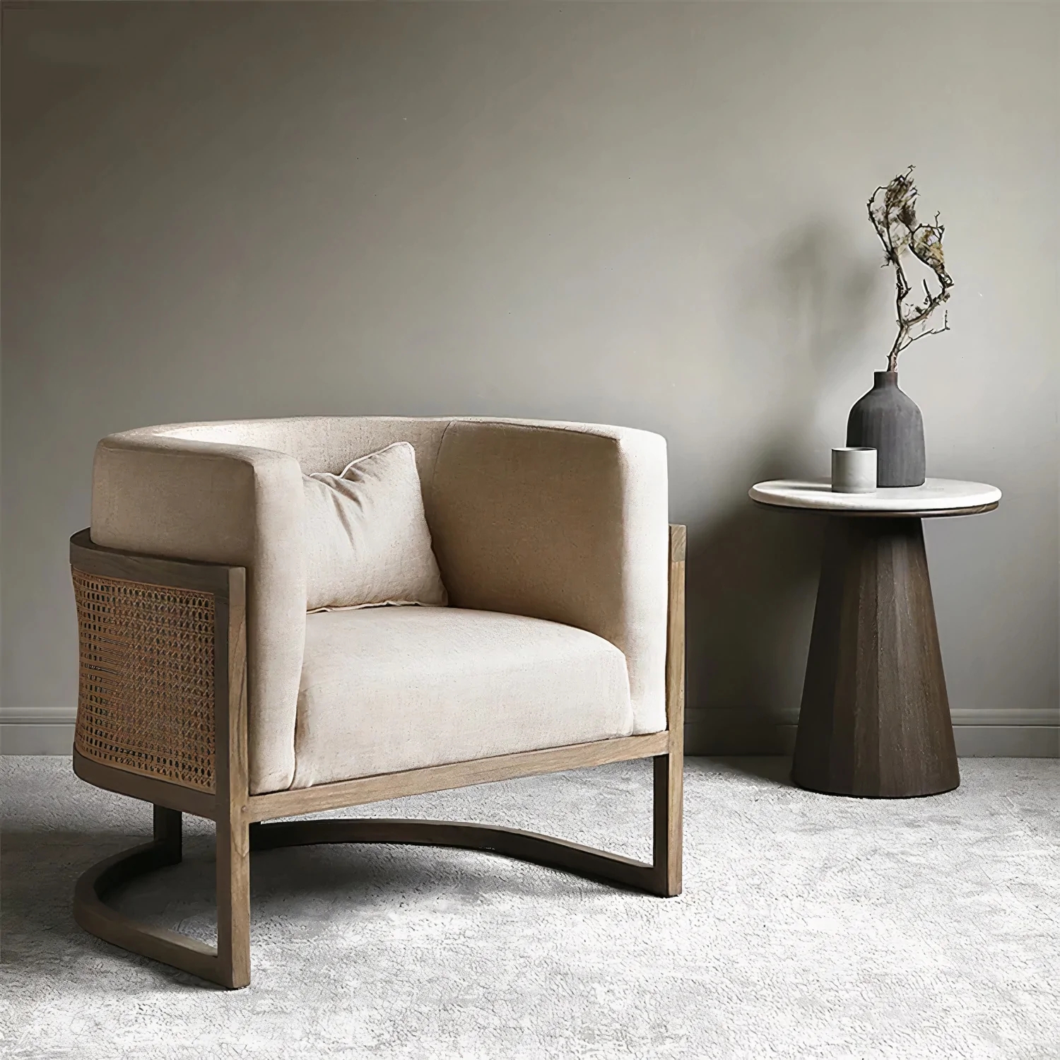 Hotel solid wood salon restaurant single sofa Nordic modern rattan fabric dining living room chairs