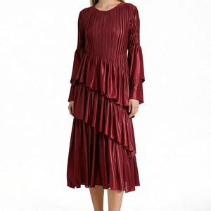 Abito Miyake da donna elegante plissettato Midi abito a maniche svasate di alta qualità con frange per feste di quattro stagioni - Product Image 3