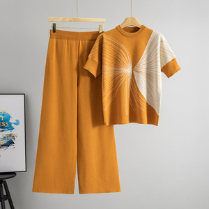 Ensemble de chandails en tricot pour femmes, été, manches courtes, avec pantalon large, polyester, coton, imprimé, tenue tendance en deux pièces - Product Image 4
