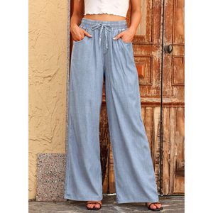 Jeans à jambes larges taille haute pour femmes été 2025 2024 Pantalon en denim à cordon B0C6P27LH4 - Product Image 4