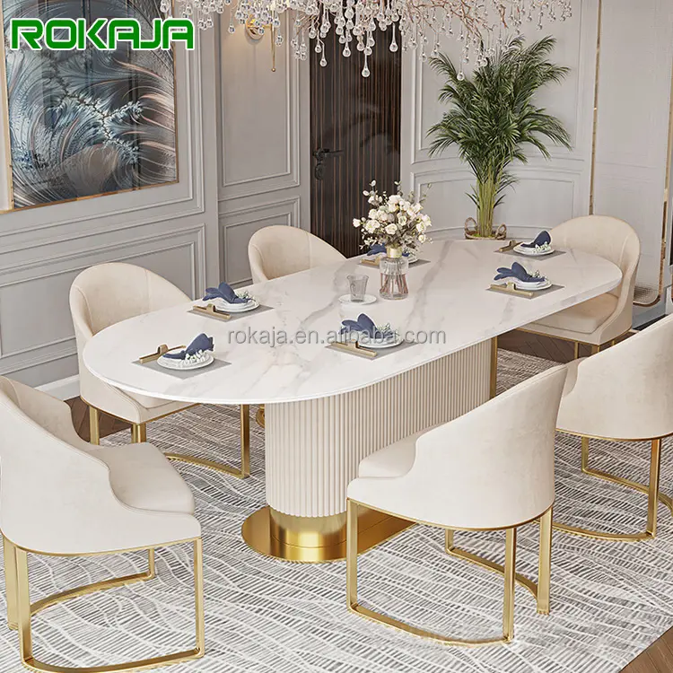 Conjunto de mesa de jantar, conjunto de mármore retangular de luxo com base de metal dourado para sala de jantar e móveis