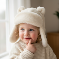 Chapeau trappeur pour enfants en fausse fourrure blanc crème, doux et moelleux, avec oreilles d'ours, confortable et chaud, mignon pour les vacances d'hiver et les jeux en plein air