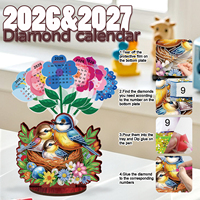 Calendrier de bureau en bois DIY 2027 & 2026 avec peinture diamant, double face, strass, nid d'oiseau, décoration de table, kit d'artisanat, cadeau de vacances