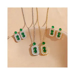 Emerald Set Cross Border Diamant Ingelegde Geometrische Ketting Oorbellen Vrouwen Niet Vervagen Driedelige Eerste Sieraden