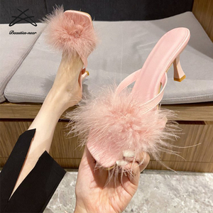 Nuovi Sandali Estivi da Donna con Tacco Alto, Punta Aperta, Sexy, con Pelliccia e <span class=keywords><strong>Piume</strong></span>, Ciabatte Slip-on alla Moda - Product Image 3