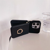 Casing selempang kulit PU iPhone, casing selempang kulit cermin Slot kartu, casing ponsel untuk iPhone XR 11 12 13 15 Plus Pro Max dengan tali bahu