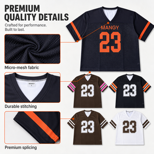Maillots de football personnalisés en gros, coupe ample, col en V, maillots de rugby surdimensionnés, maillots noirs en mesh pour les fans de football américain - Product Image 5
