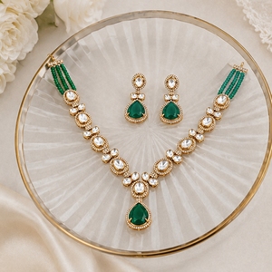 925 Silver <b>Necklace</b> and Earrings Set for Women Green Stone Pearls Kundan Work Traditional Indian Jewelry Bridal Party Gift - Product Image 5
