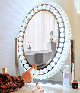 Oval Rotation Dressing Table Luxury Bling Crush Diamond Led Hollywood Vanity Makeup Crystal Vanity Mirror