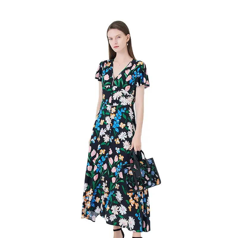 V-neck Rayon cotton dress Women Summer Latest French vintage floral Slimmer look