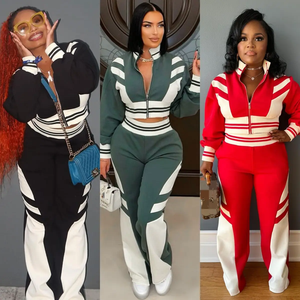 الخريف الشتاء خليط رياضي المرأة 2 قطعة مجموعات النساء محب طويل الأكمام البريدي سترة المحاصيل والسراويل واسعة مطابقة مجموعة - Product Image 1