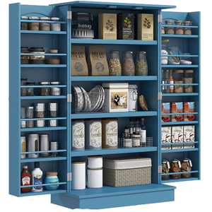 Armario de Cocina Grande de Madera Azul con Puerta Interior y Estantes para Especias, Mueble Independiente - Product Image 1