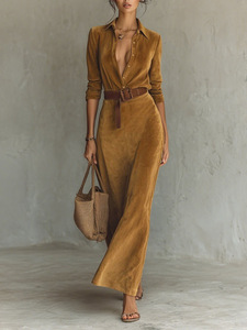 Nuovo Arrivo 2026: Abito Lungo Vintage in Camoscio per Donna, Vestito a Camicia Autunno/Inverno con Scollo a V Profondo, Maniche Lunghe, Vestibilità Slim, Abito da Festa con Cintura - Product Image 1