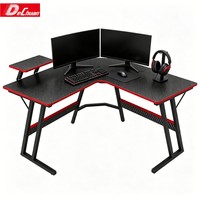 Bureau de jeu en forme de L avec porte-gobelet, étagère de rangement, plateau en fibre de carbone, structure métallique fixe