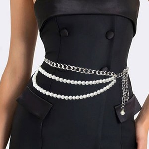 Chaîne de taille multi-couches tendance européenne et américaine en imitation perle et métal pour femme, chaîne de corps rétro réglable 115 cm - Product Image 3