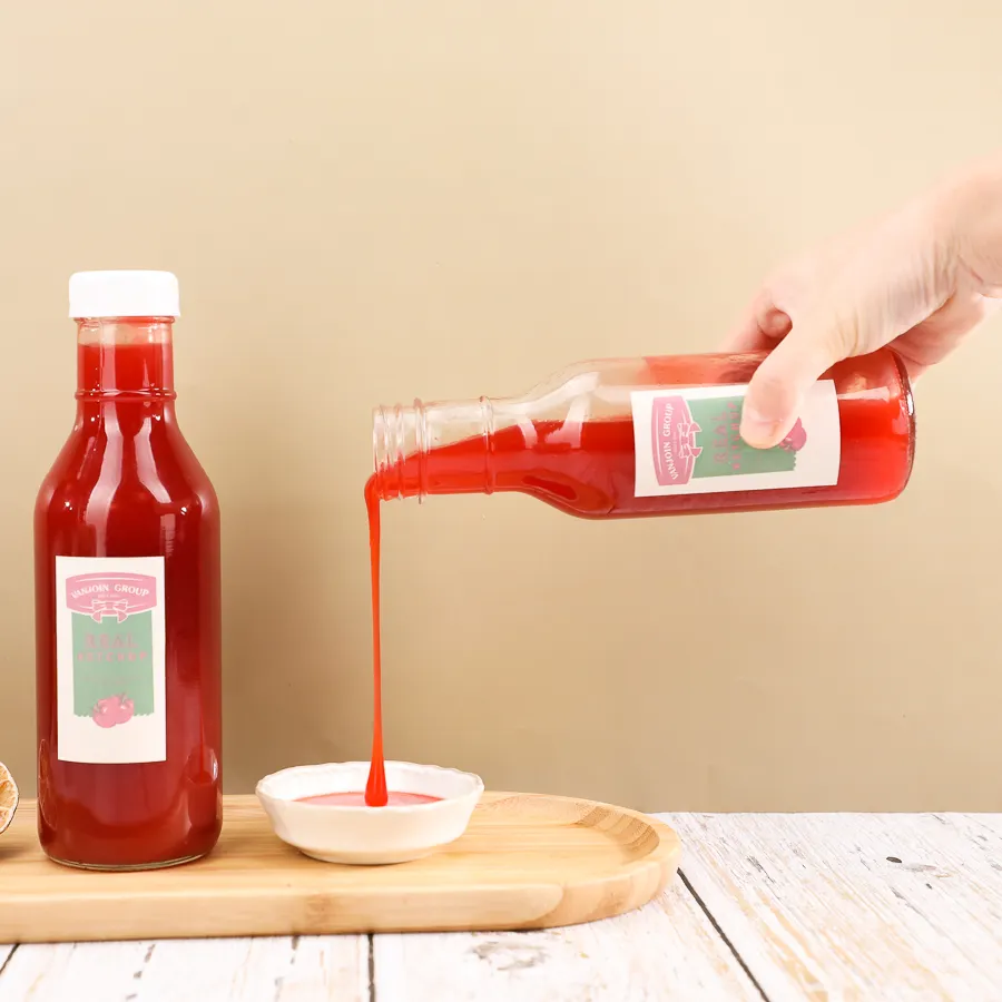 Label kustom 350ml 480ml wadah makanan kelas makanan botol saus panas Woozy tomat botol saus dengan tutup