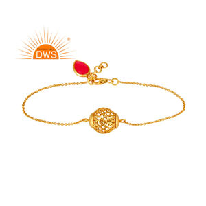 Pulsera de cadena chapada en oro amarillo de 14K, fabricante de joyería, pulsera de piedras preciosas de Calcedonia rosa de diseñador, Colección Vintage - Product Image 1