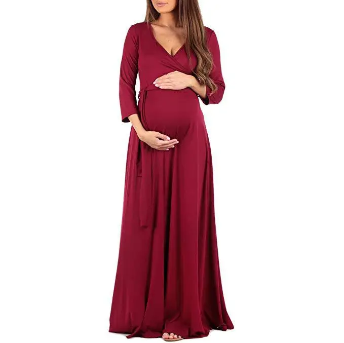 Wholesale European Solid Color Dress Cross Deep V-neck Drawstring Waist Three Quarter Sleeve Maternity Long Skirt