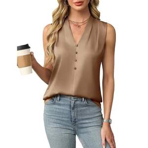 Top elegante sin mangas con cuello en V y botones de satén para mujer Primavera/Verano - Product Image 3