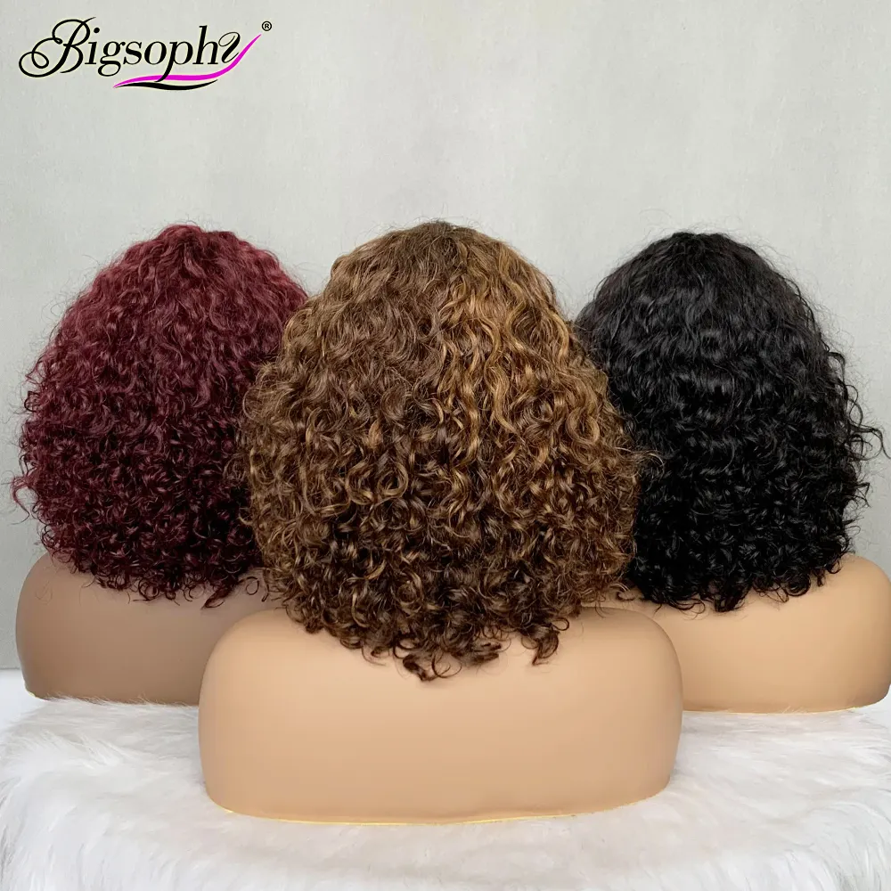 Perruque courte brésilienne sans colle avec frange, perruque de luxe bouclée Bang, perruque frisée en cheveux humains bon marché, perruques de cheveux humains sans dentelle