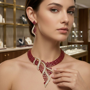 Juego de Joyería de Lujo en Latón con Circones Rojos Rubí, Chapado en Oro, Collar y Aretes de Novia Estilo Indio para Mujer, para Bodas - Product Image 1