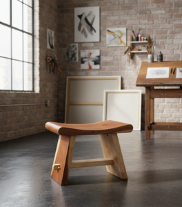 Taburete Curvo de Madera Suar Hecho a Mano con Grano Orgánico en Tonos Cálidos, Estilo Industrial Ecológico, el Toque Perfecto para el Dormitorio Moderno - Product Image 5
