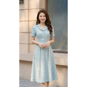 Vestido Midi Azul Claro para Mujer, Manga Corta, Elegante, para Oficina, con Cuello y Botones al Frente, Precio de Fábrica Personalizado, Venta al Por Mayor - Product Image 1