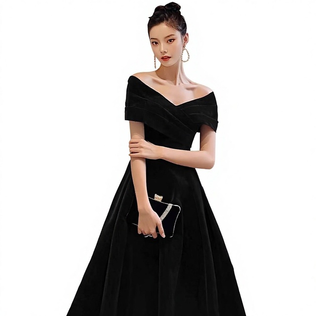 Black Slimming Evening Dress Skirt Floor-Length A-Line Large Size One-Shoulder Spring Elegant Banquet Annual Meeting