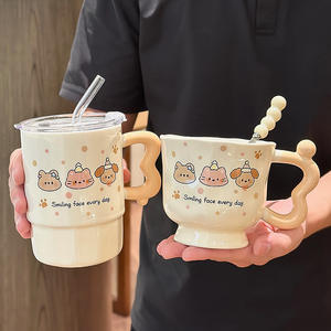 Mignonne tasse en céramique Happy Pet 400 ml avec couvercle et cuillère, design cartoon, pour coffret cadeau - Product Image 4