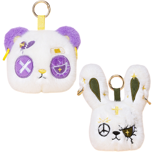 <strong>Purple</strong> <strong>Panda</strong> &amp; White Rabbit Plush Key Chain Bundle, Bandage Embroidery, Fluffy Bag Accessories for Kids - Product Image 1