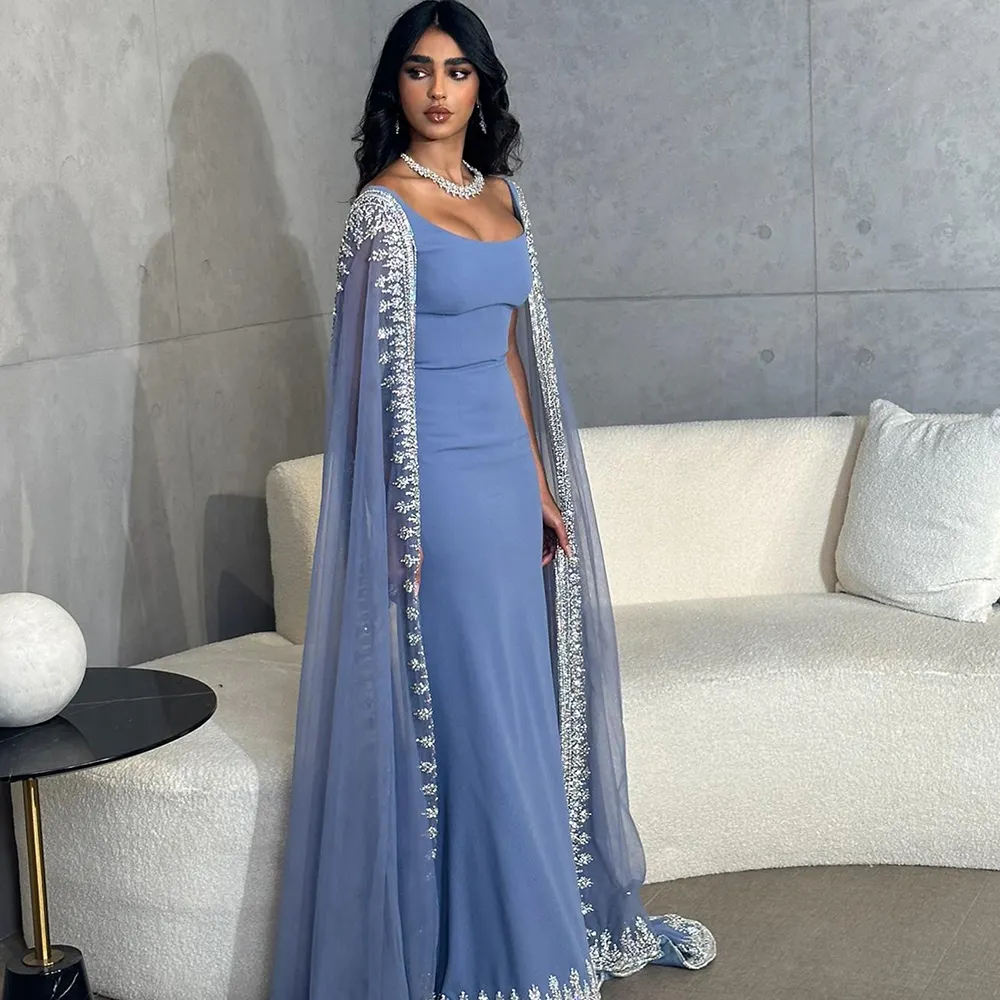 Luxury Crystal Blue Mermaid Dubai Evening Dresses with Cape Sleeves Elegant Arabic Women Wedding Party Gowns SZ445