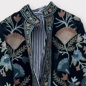 Custom Handmade Floral Embroidered Cotton Suzani <b>Jacket</b> <b>Women</b> Open Front Full Sleeve Prairie Chic Spring <b>Lightweight</b> Outerwear - Product Image 2