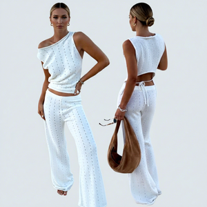 Ensembles pour femmes : Haut court en <span class=keywords><strong>crochet</strong></span> ajouré et pantalon large à taille découpée – Ensemble deux pièces pour <span class=keywords><strong>femme</strong></span> - Product Image 1