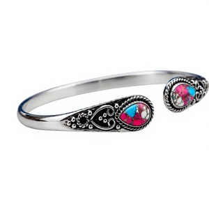 Vintage 925 Silver Cuff <b>Bracelet</b> With Natural Stone Inlay Flower Pattern For Women's Everyday Wear - Product Image 1
