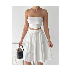 Airobin Women's Elastic Waist Layered Midi <b>Skirt</b> <b>White</b> Flowy <b>Tiered</b> A Line <b>Skirt</b> For Casual Summer Wear - Product Image 2