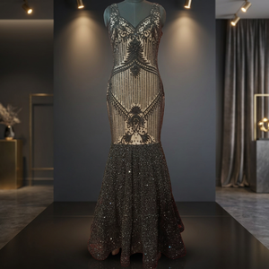 Robe de soirée perlée grande taille, style Empire, taille naturelle, brodée, à fines bretelles, sans manches, longueur ras du sol, avec traîne devant - Product Image 3