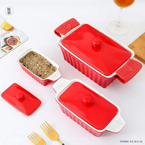 Juego de bandejas para hornear de cerámica Chaozhou, rojo, 3 piezas con tapa, apto para horno, para hotel, café, té - Product Image 4