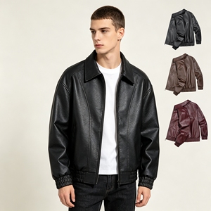 Veste <span class=keywords><strong>en</strong></span> similicuir à revers ample, ourlet élastique, fermeture éclair, style motard vintage, 3 couleurs, décontractée, streetwear - Product Image 1